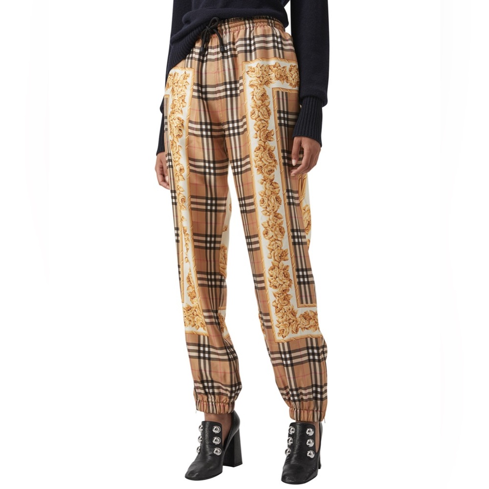 Burberry Gold Scarf Border Vintage Check Silk Pants, Size 6
